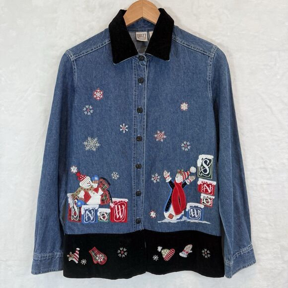 Vtg Denim Top Long Sleeve Shirt Blue Quizz Snowman Embroidered S READ - Picture 1 of 13